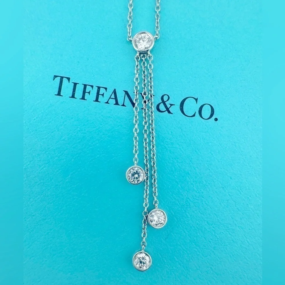 Tiffany & Co. Platinum Triple Diamond Drop Lavalier Necklace 16
